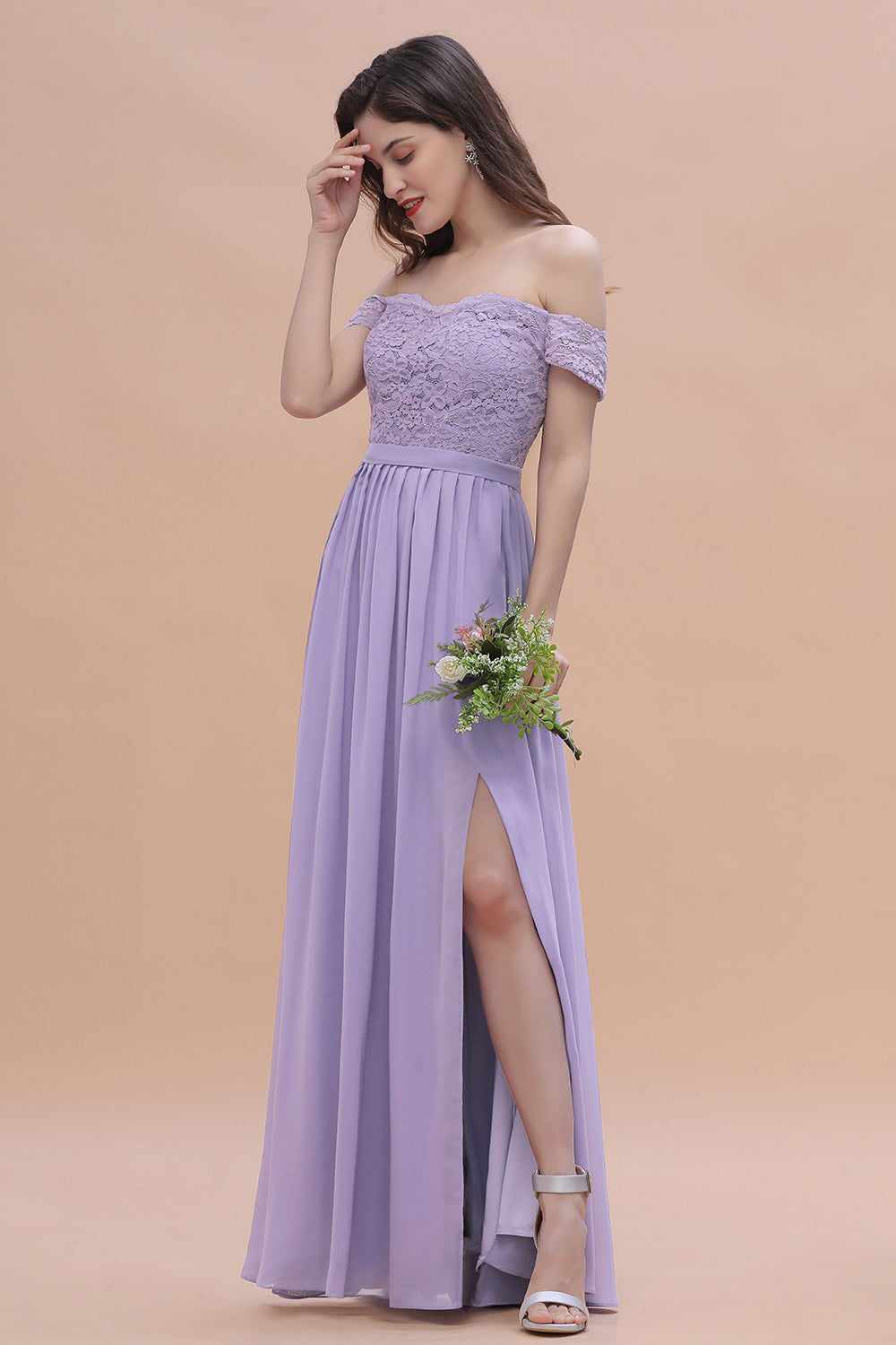 Sexy Off-the-Shoulder Lace Chiffon Ruffles Bridesmaid Dresses with Slit On Sale - Fashionpara
