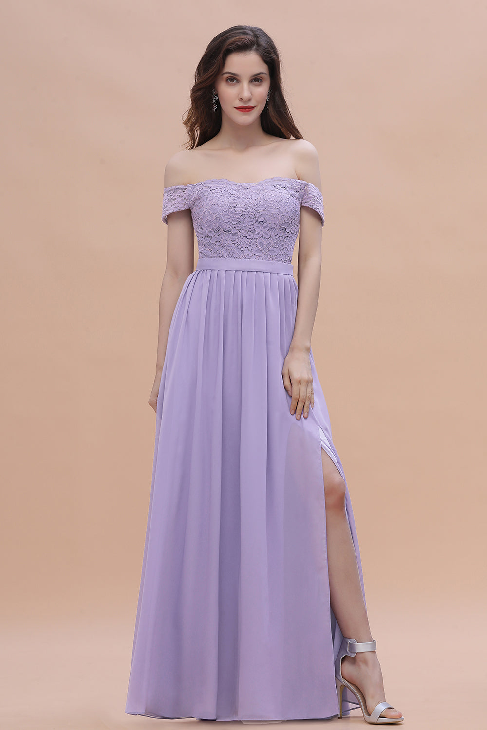 Sexy Off-the-Shoulder Lace Chiffon Ruffles Bridesmaid Dresses with Slit On Sale - Fashionpara