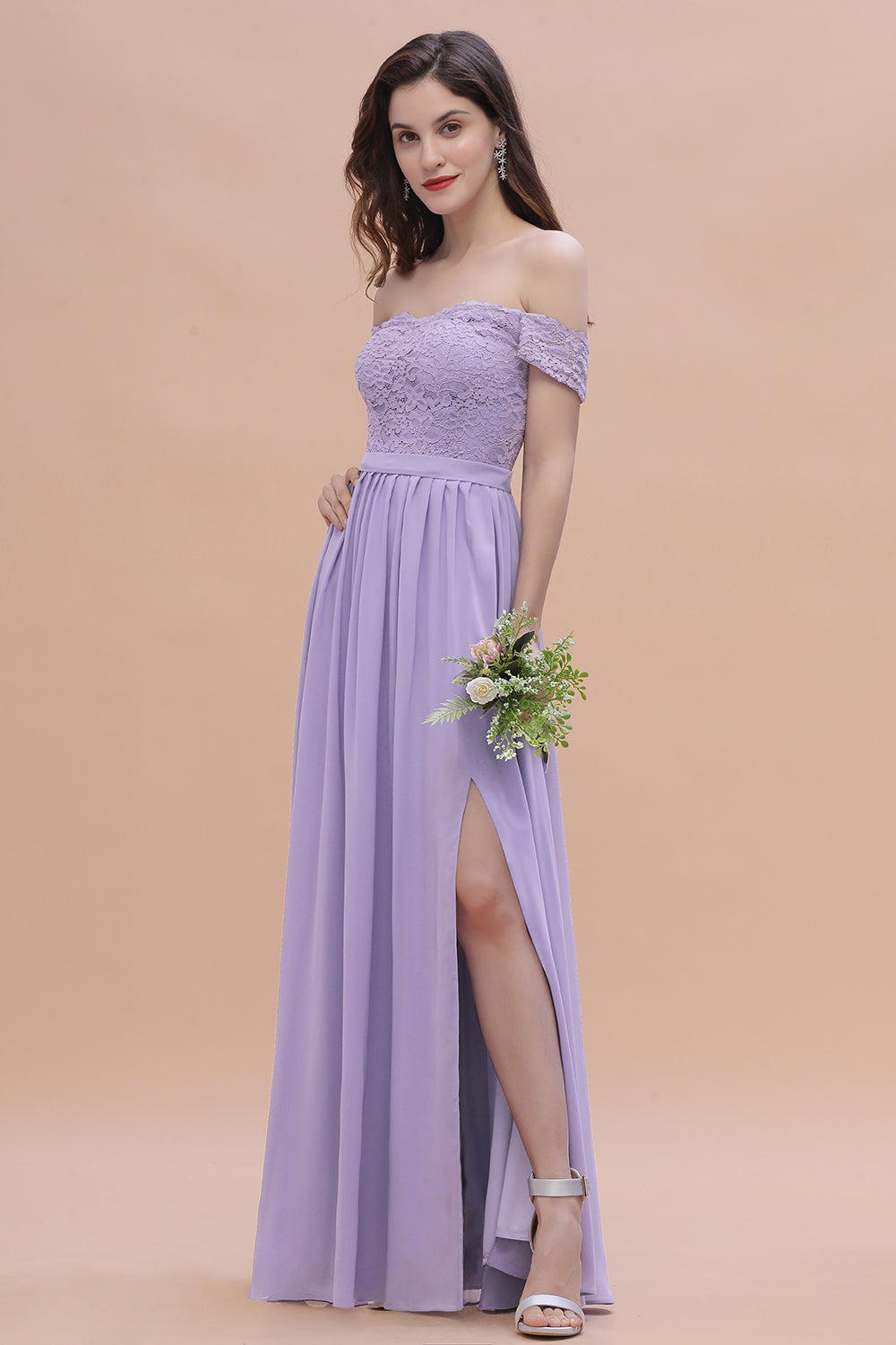 Sexy Off-the-Shoulder Lace Chiffon Ruffles Bridesmaid Dresses with Slit On Sale - Fashionpara