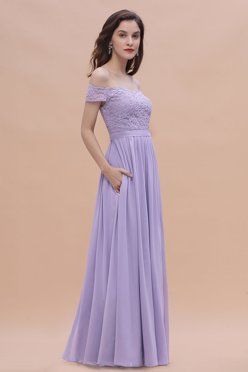 Sexy Off-the-Shoulder Lace Chiffon Ruffles Bridesmaid Dresses with Slit On Sale - Fashionpara