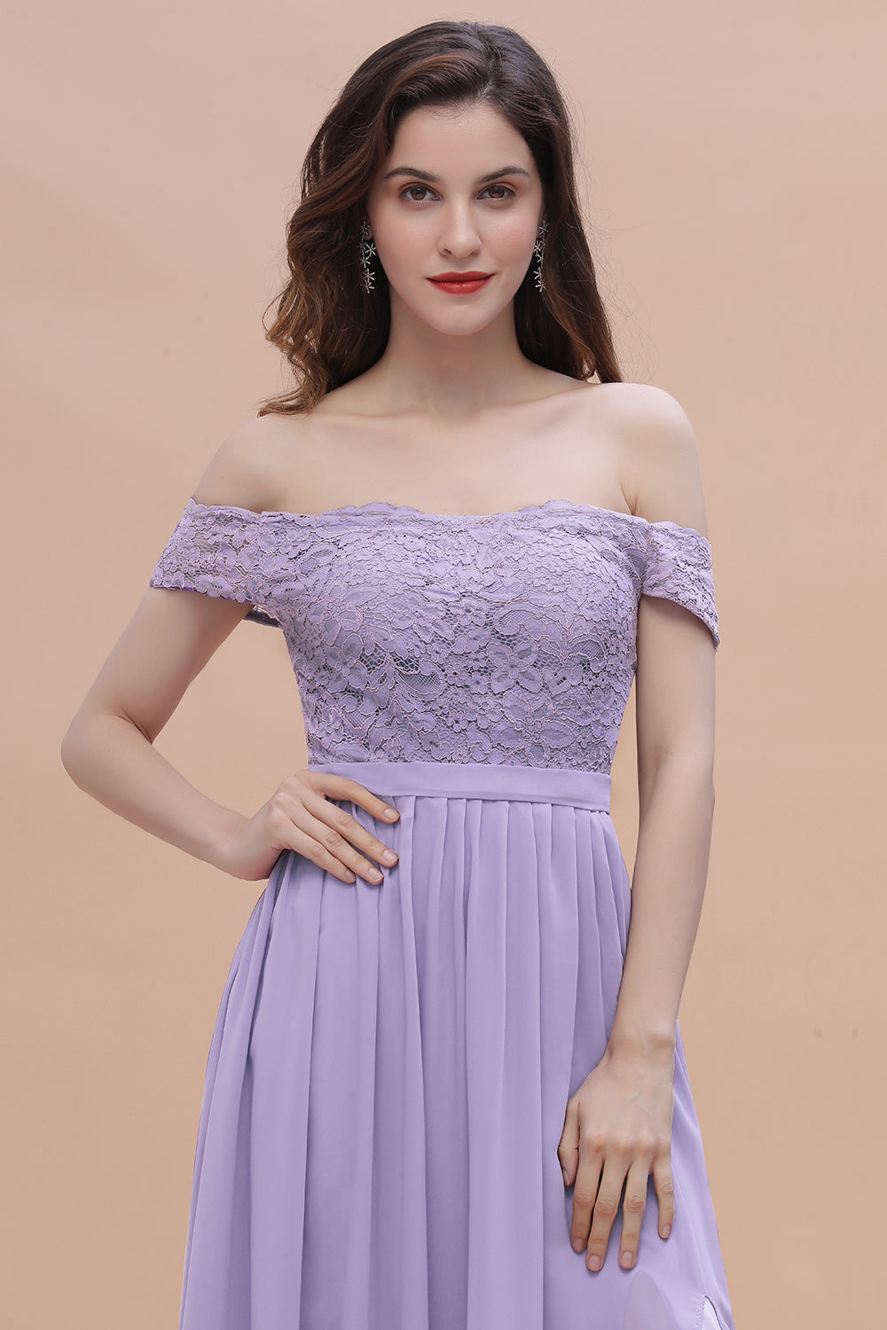 Sexy Off-the-Shoulder Lace Chiffon Ruffles Bridesmaid Dresses with Slit On Sale - Fashionpara