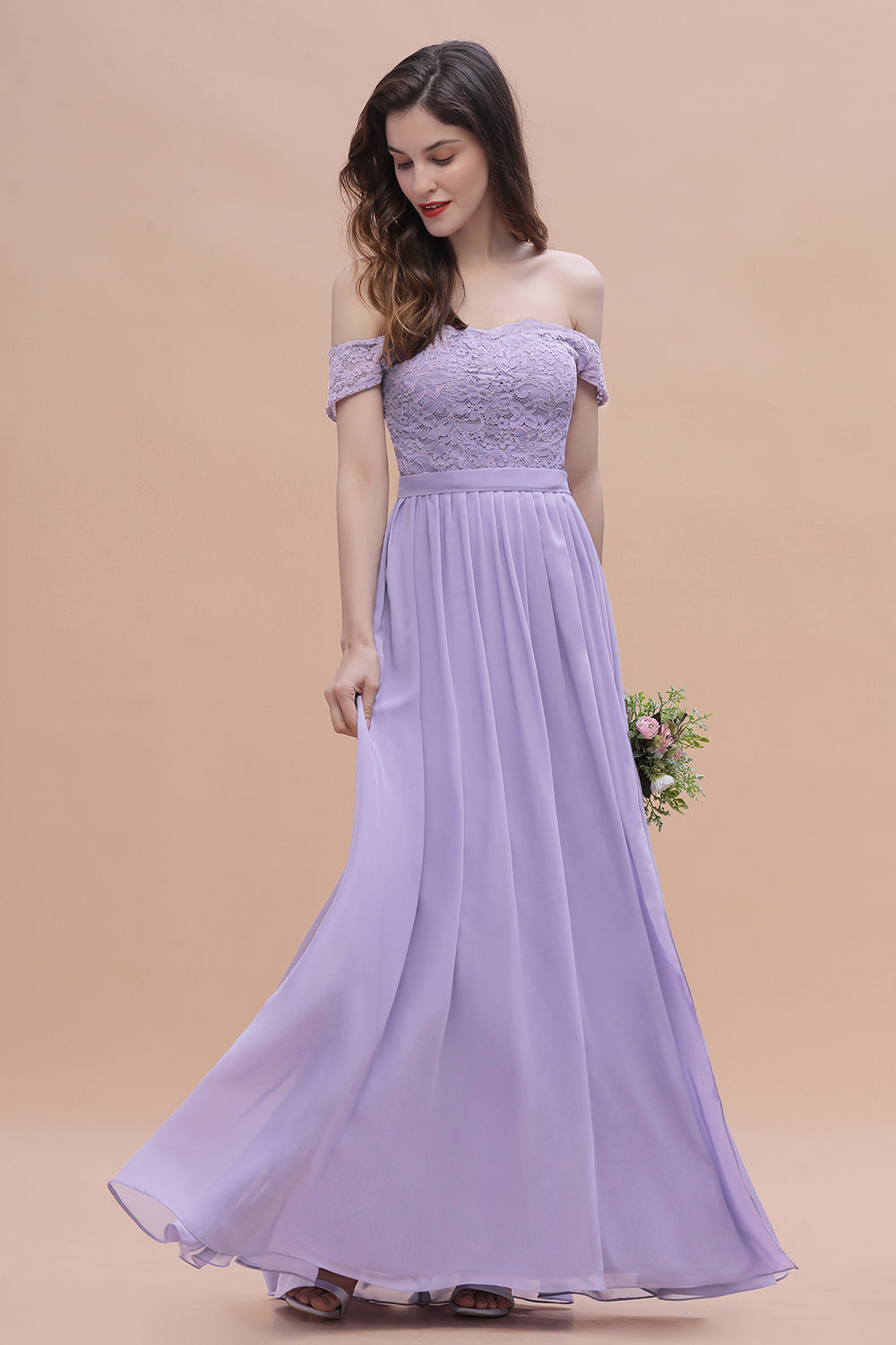 Sexy Off-the-Shoulder Lace Chiffon Ruffles Bridesmaid Dresses with Slit On Sale - Fashionpara