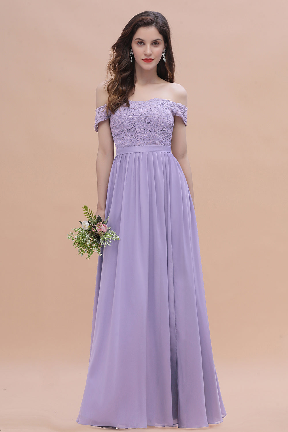 Sexy Off-the-Shoulder Lace Chiffon Ruffles Bridesmaid Dresses with Slit On Sale - Fashionpara