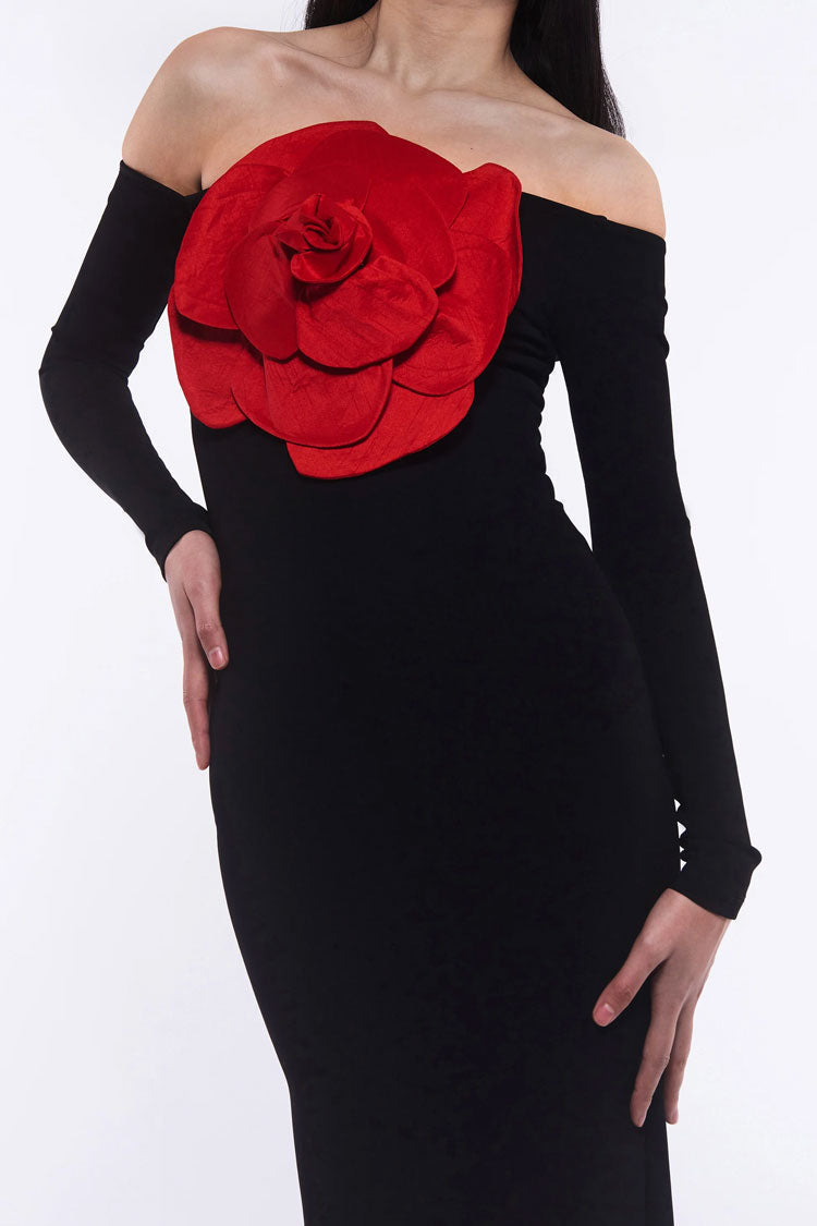 Sexy Off The Shoulder Red Rosette Applique Long Sleeve Evening Maxi Dress - Black Fashionpara
