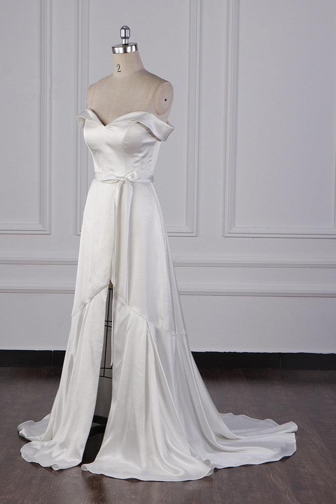 Sexy Off-the-Shoulder Satin Wedding Dress Sweetheart Front Slit Bridal Gowns with Bow On Sale - Fashionpara