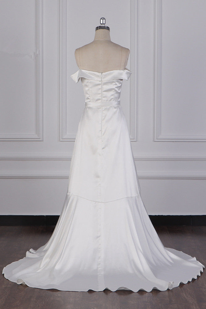 Sexy Off-the-Shoulder Satin Wedding Dress Sweetheart Front Slit Bridal Gowns with Bow On Sale - Fashionpara