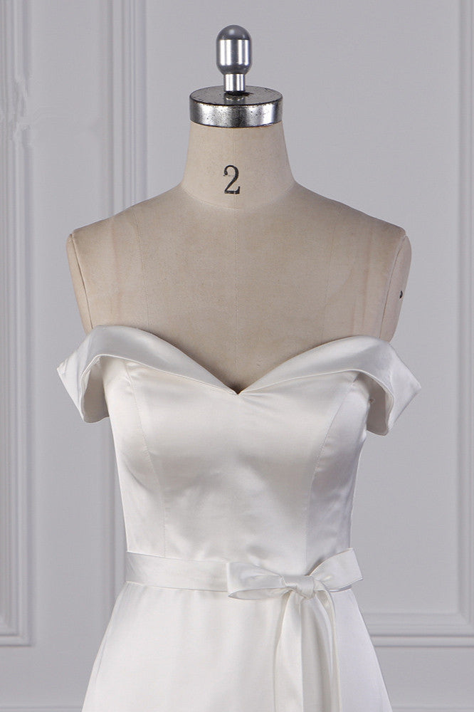 Sexy Off-the-Shoulder Satin Wedding Dress Sweetheart Front Slit Bridal Gowns with Bow On Sale - Fashionpara