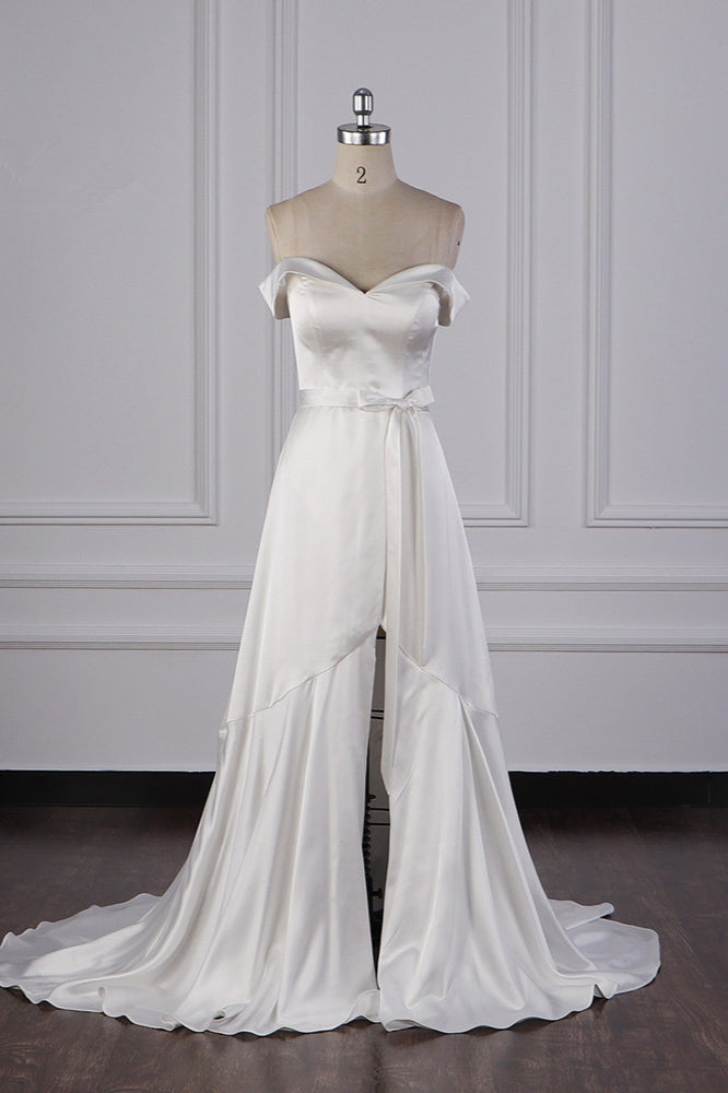 Sexy Off-the-Shoulder Satin Wedding Dress Sweetheart Front Slit Bridal Gowns with Bow On Sale - Fashionpara