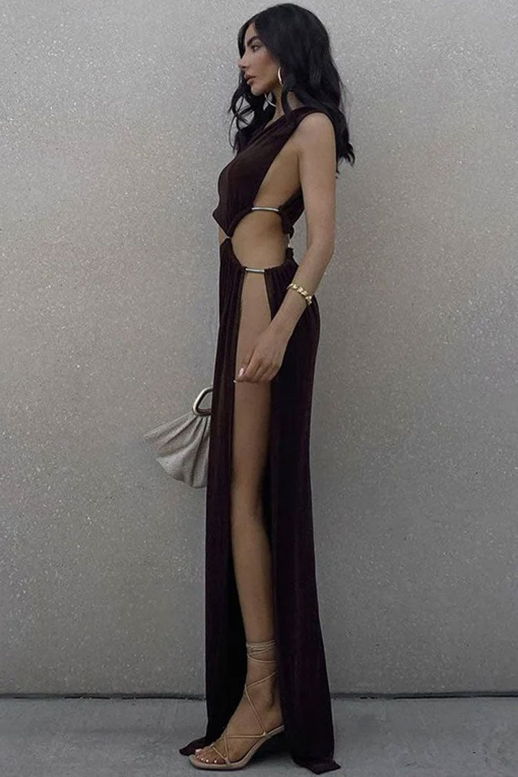 One Shoulder Cutout High Slit Sheer Maxi Dress - Brown