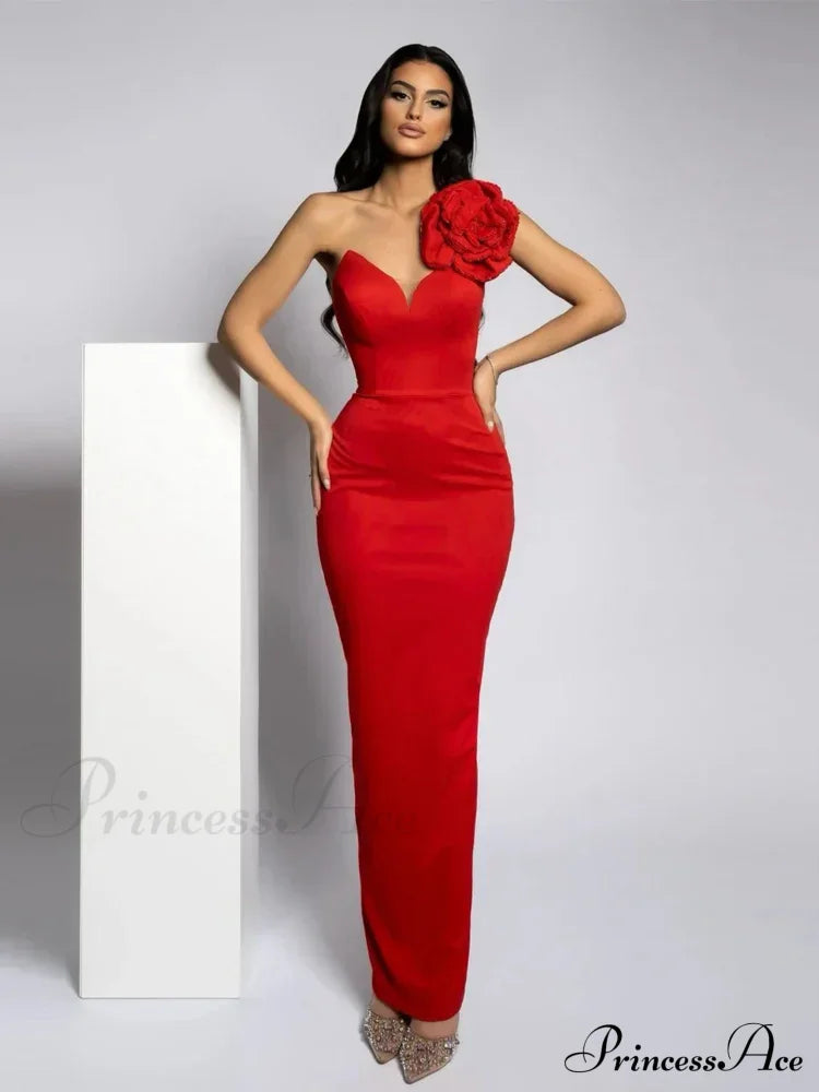 Sexy One Shoulder Diamonds Flower Patchwork Maxi Red Christmas Party Dress