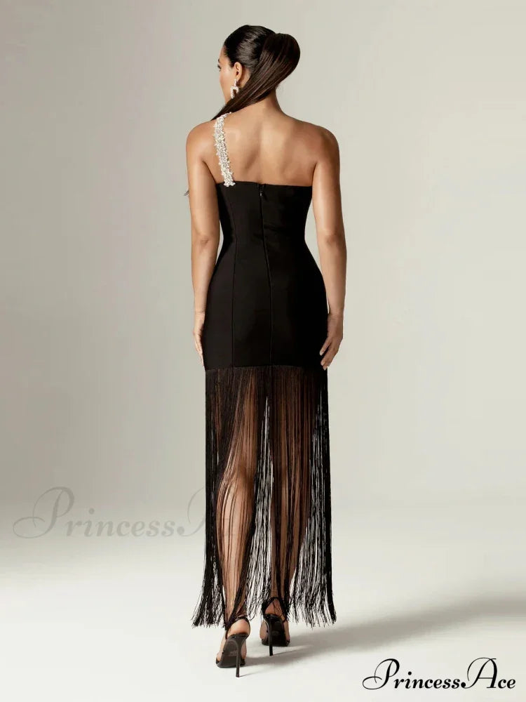Sexy One Shoulder Diamonds Strap Tassel Bandage Dress Shiny Rhinestone Christmas Party Dress