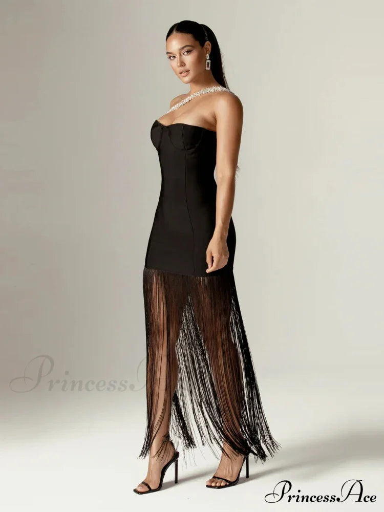 Sexy One Shoulder Diamonds Strap Tassel Bandage Dress Shiny Rhinestone Christmas Party Dress