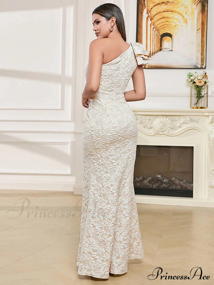 Sexy One Shoulder Flower Jacquard Long Sleeveless Folds Christmas Party Dress