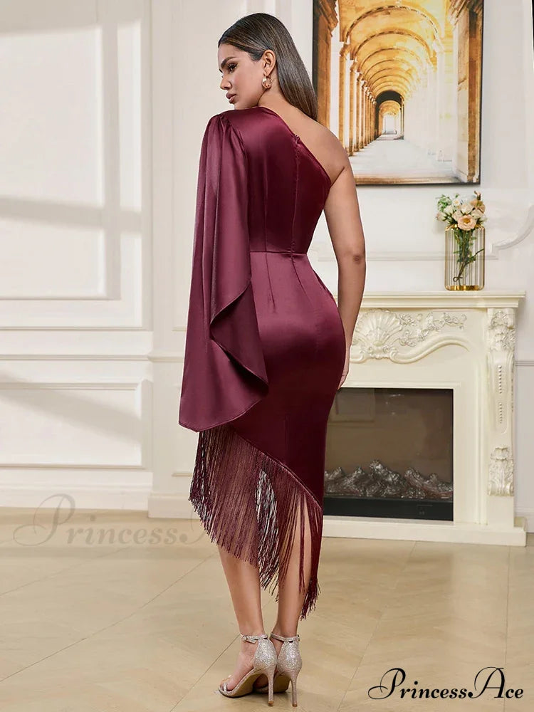 Sexy One Shoulder Tassel Design Diagonal Collar Asymmetric Fringe Christmas Party Dress