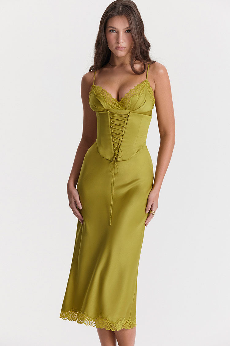 Sexy Party Lace Up Belt V Neck Lace Satin Slip Midi Dress - Chartreuse - Fashionpara
