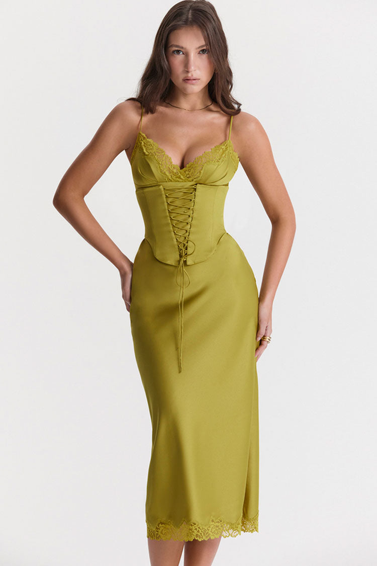Sexy Party Lace Up Belt V Neck Lace Satin Slip Midi Dress - Chartreuse - Fashionpara