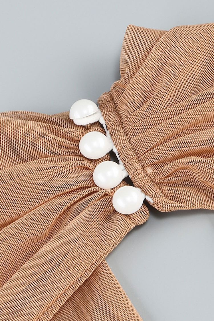 Sexy Plunge Halter Ruffled Ruched Sheer Mesh Cocktail Midi Dress