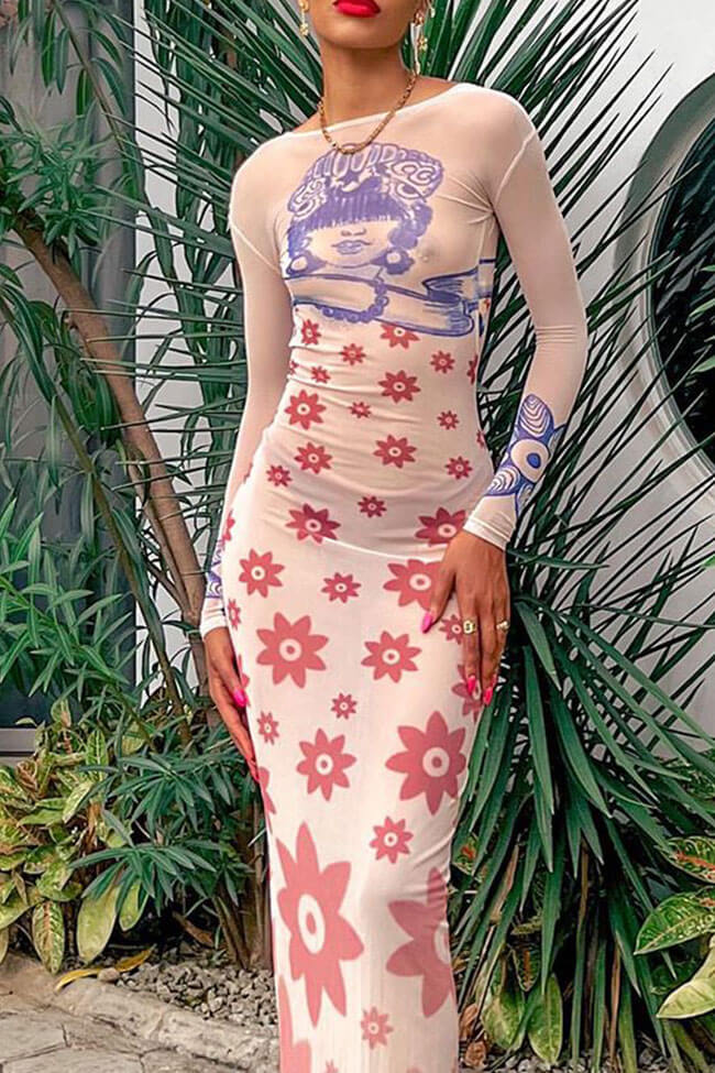 Print Long Sleeve Open Back Bodycon Maxi Dress