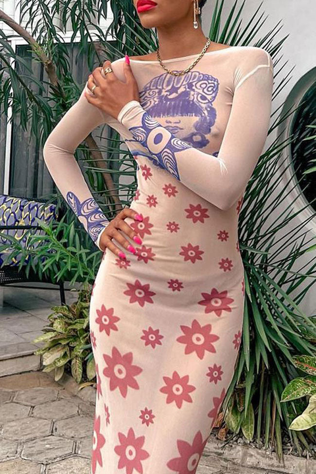 Print Long Sleeve Open Back Bodycon Maxi Dress - View 2