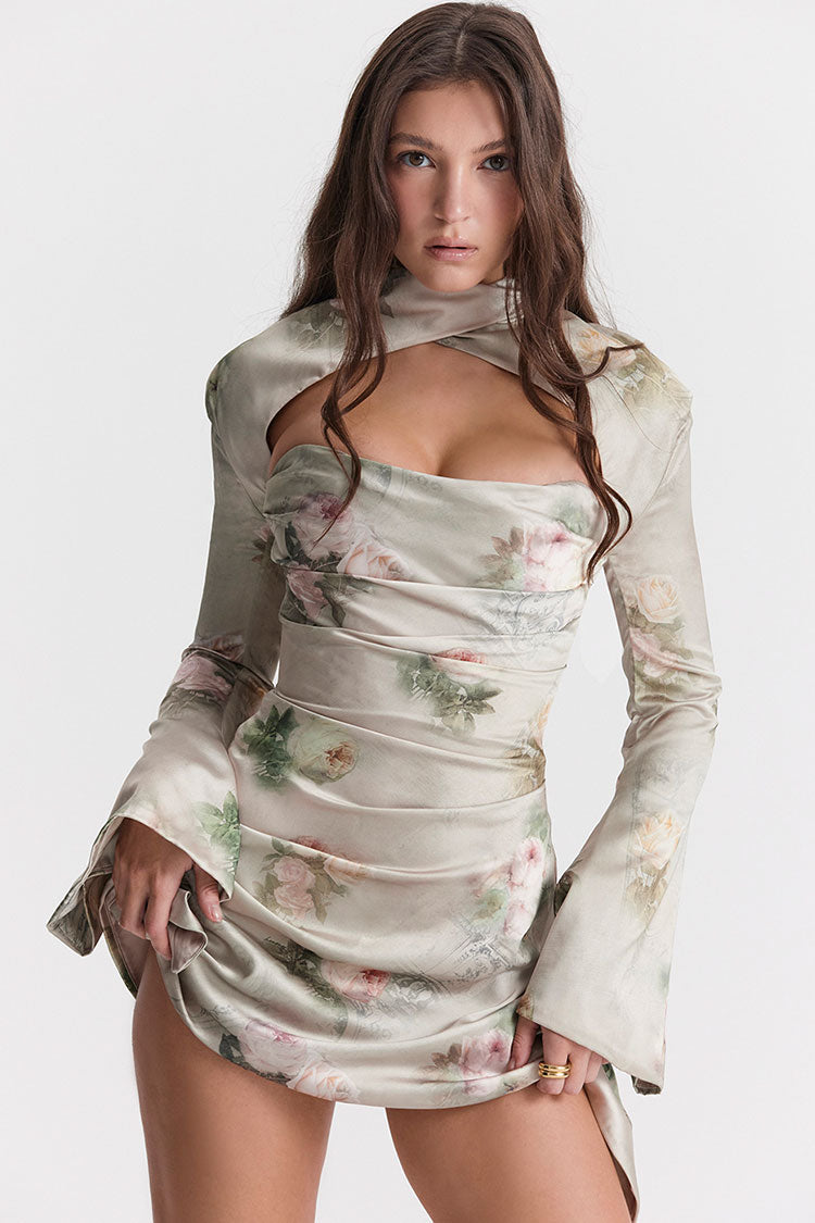 Floral Satin High Neck Cut Out Long Sleeve Ruched Mini Dress