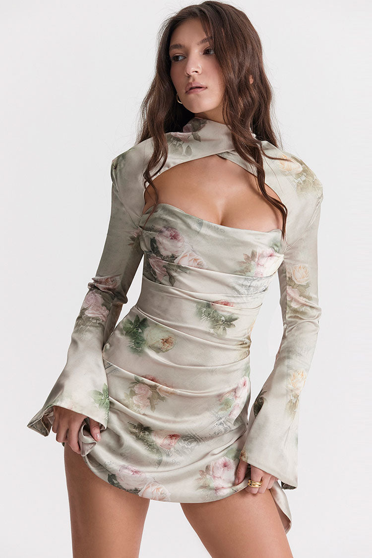 Floral Satin High Neck Cut Out Long Sleeve Ruched Mini Dress - View 2