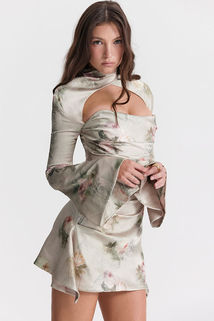 Printed High Neck Cutout Draped Long Sleeve Satin Mini Dress - Floral