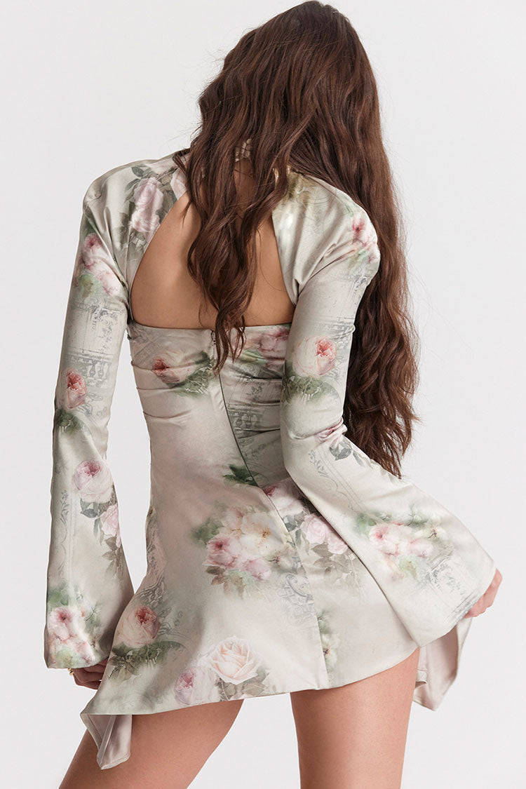 Floral Satin High Neck Cut Out Long Sleeve Ruched Mini Dress - View 4