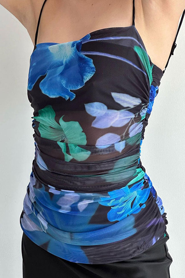 Sexy Printed Ruched Mesh Satin Split Back Cocktail Party Midi Dress - Black - Fashionpara