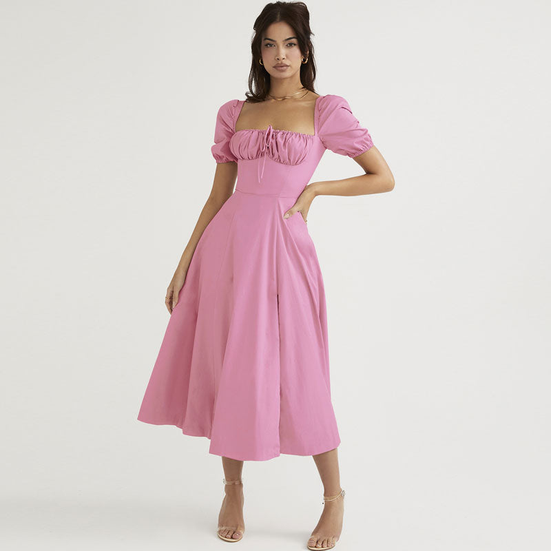 Puff Sleeve Tie Front Square Neck High-Slit Midi Dress