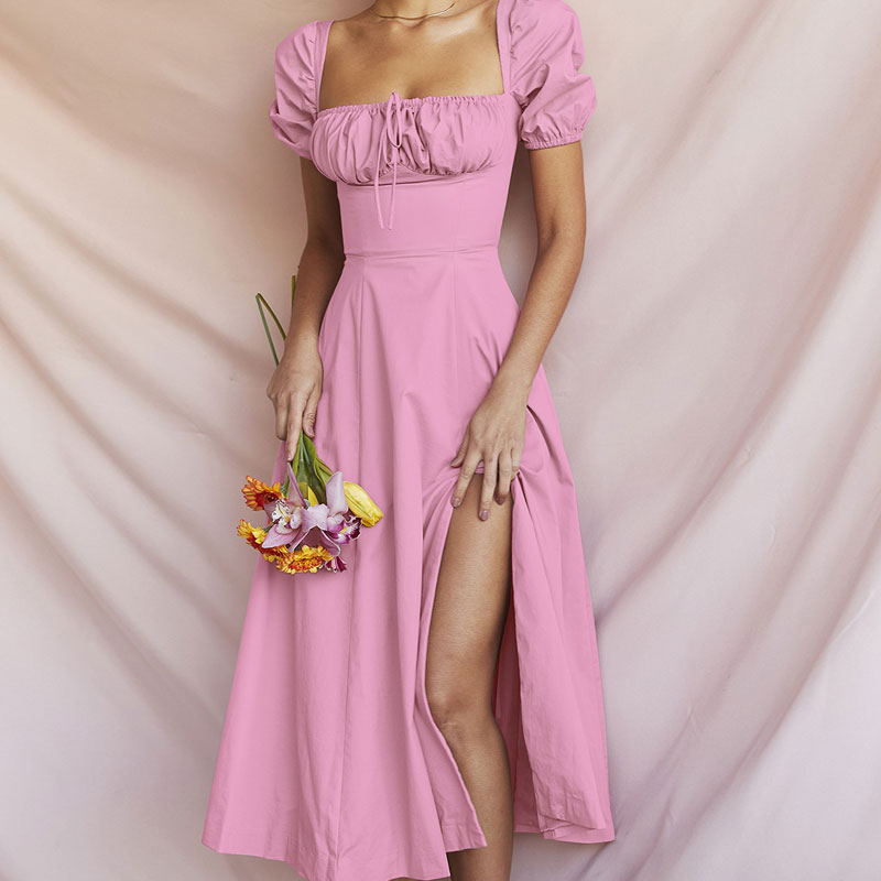 Puff Sleeve Tie Front Square Neck High-Slit Midi Dress 2