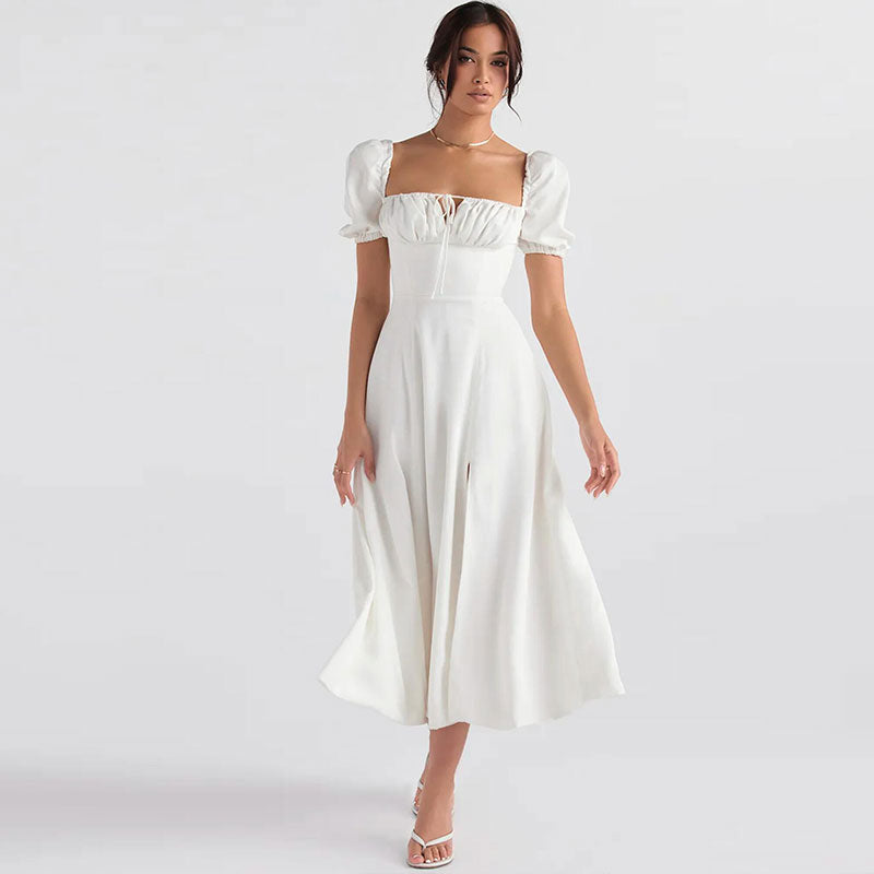Puff Sleeve Square Neck Tie-Front High-Slit Midi Dress
