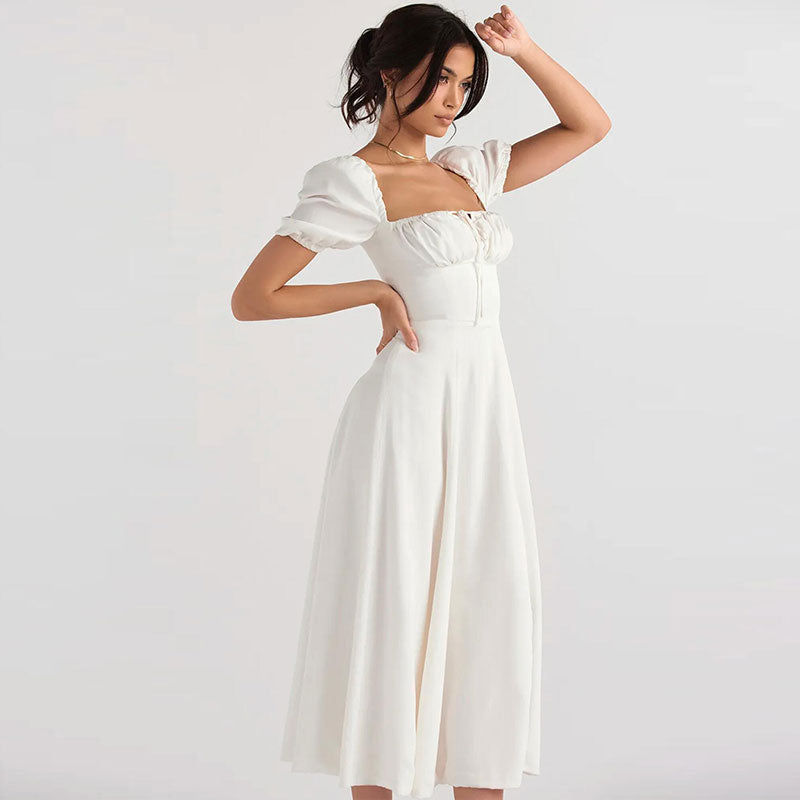 Puff Sleeve Square Neck Tie-Front High-Slit Midi Dress 2