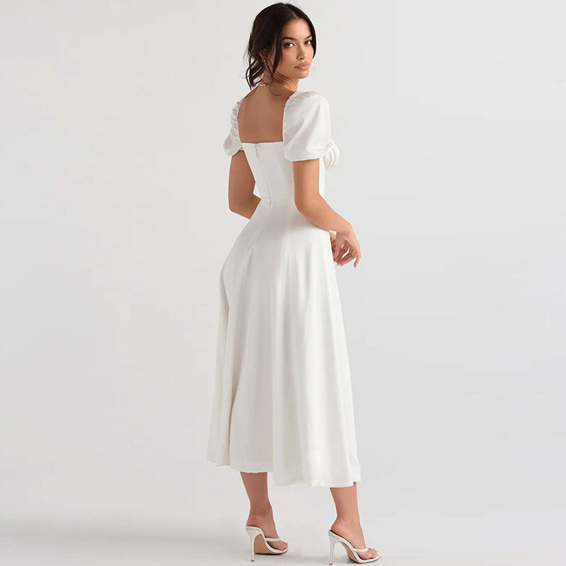 Puff Sleeve Square Neck Tie-Front High-Slit Midi Dress 3