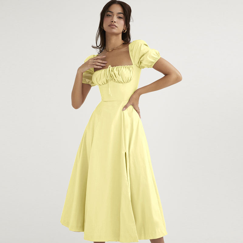 Puff Sleeve Square Neck Tie-Front High-Slit Midi Dress