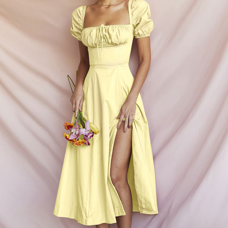 Puff Sleeve Square Neck Tie-Front High-Slit Midi Dress 2