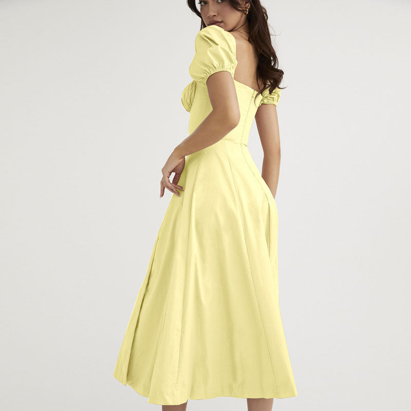 Puff Sleeve Square Neck Tie-Front High-Slit Midi Dress 3