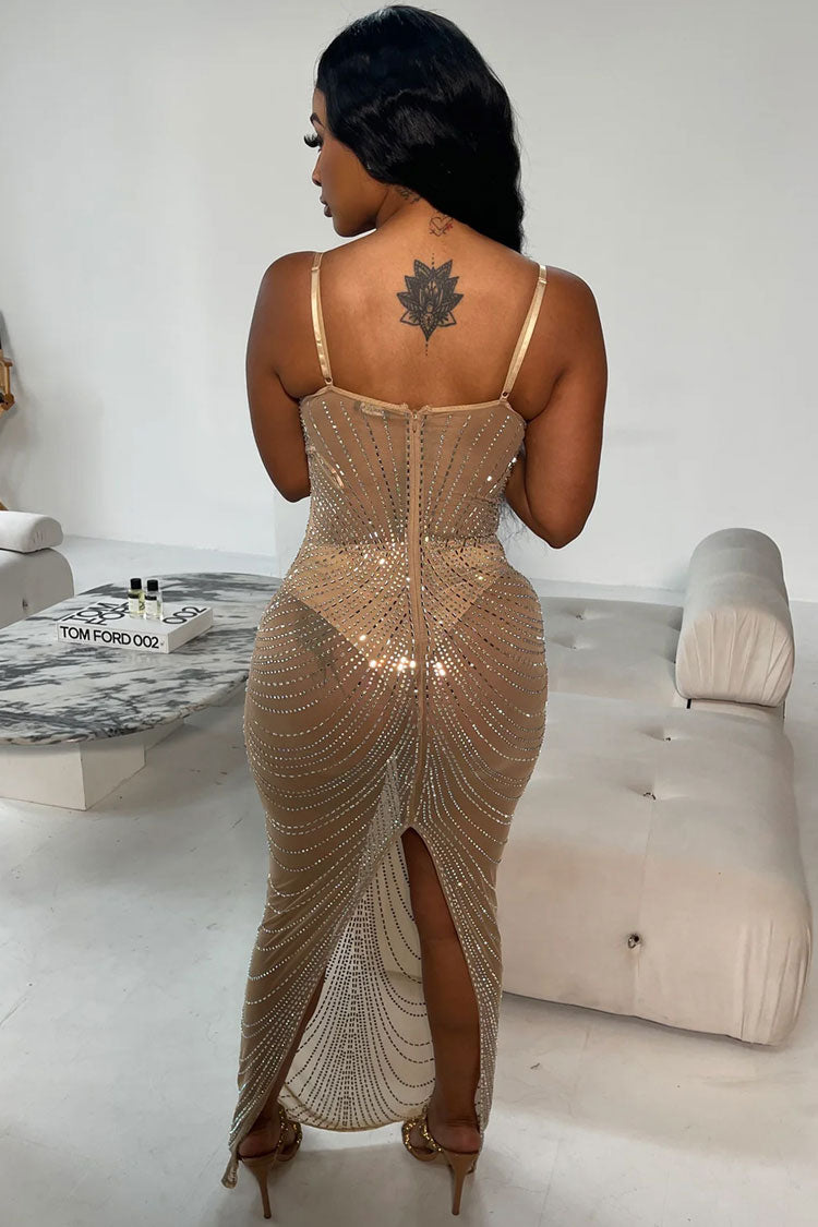 Sexy Rhinestone Bustier Sheer Mesh Sleeveless Split Evening Maxi Dress - Apricot Fashionpara