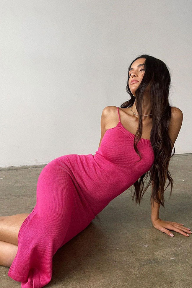 Rib Knit Scoop Neck Spaghetti Strap Bodycon Maxi Dress in Hot Pink - View 2