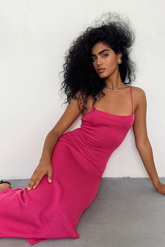 Rib Knit Scoop Neck Spaghetti Strap Bodycon Maxi Dress in Hot Pink - View 3