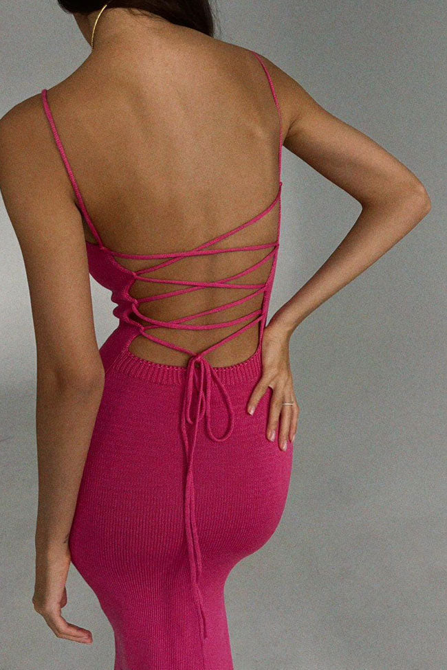 Rib Knit Scoop Neck Spaghetti Strap Bodycon Maxi Dress in Hot Pink - View 6