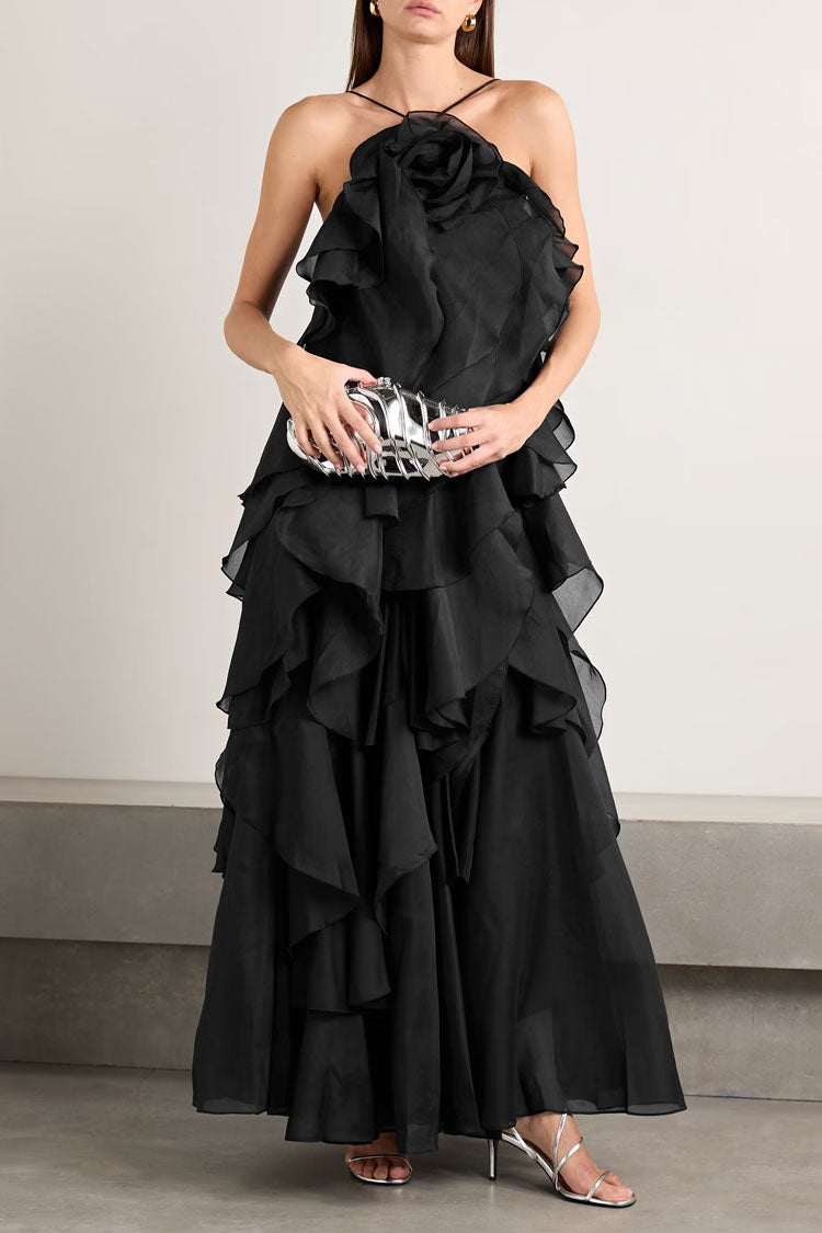 Sexy Rosette Backless Laced Back Layered Ruffle Chiffon Vacation Maxi Dress