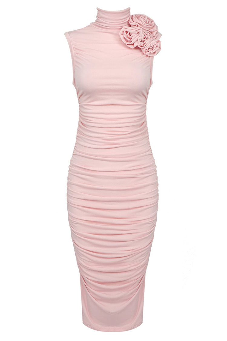 Sexy Rosette Corsage High Neck Sleeveless Ruched Cocktail Party Midi Dress - Pink Fashionpara