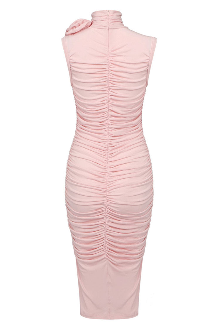 Sexy Rosette Corsage High Neck Sleeveless Ruched Cocktail Party Midi Dress - Pink Fashionpara
