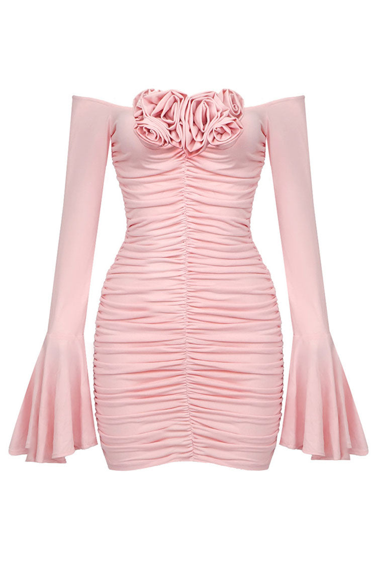 Sexy Rosette Corsage Off Shoulder Bell Sleeve Ruched Party Mini Dress - Pink Fashionpara