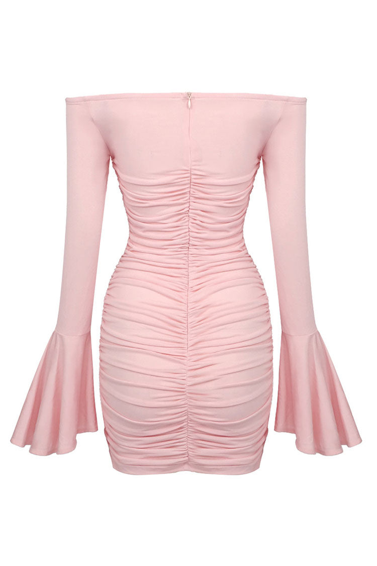 Sexy Rosette Corsage Off Shoulder Bell Sleeve Ruched Party Mini Dress - Pink Fashionpara