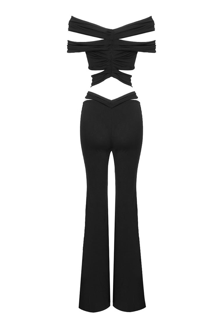 Sexy Rosette Ruched Cutout Off Shoulder Crop Two Piece Flared Pants Set - Fashionpara