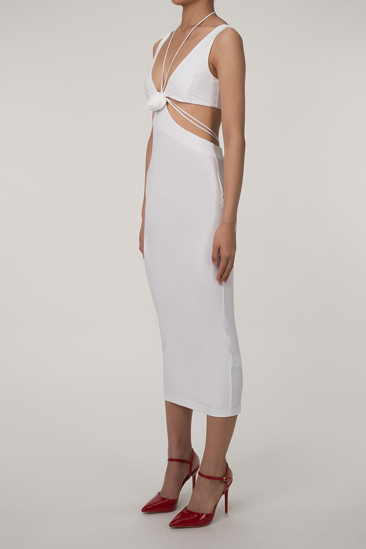 Sexy Rosette Trim Plunge Halter Cutout Sleeveless Cocktail Party Midi Dress - Fashionpara