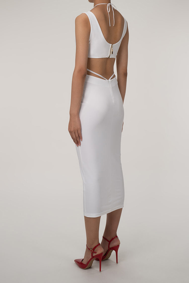 Sexy Rosette Trim Plunge Halter Cutout Sleeveless Cocktail Party Midi Dress - Fashionpara