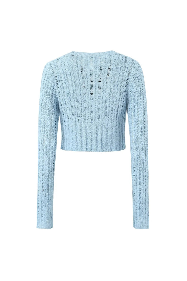 Sexy Round Neck Button Up Long Sleeve Ladder Knit Ribbed Crop Cardigan - Fashionpara