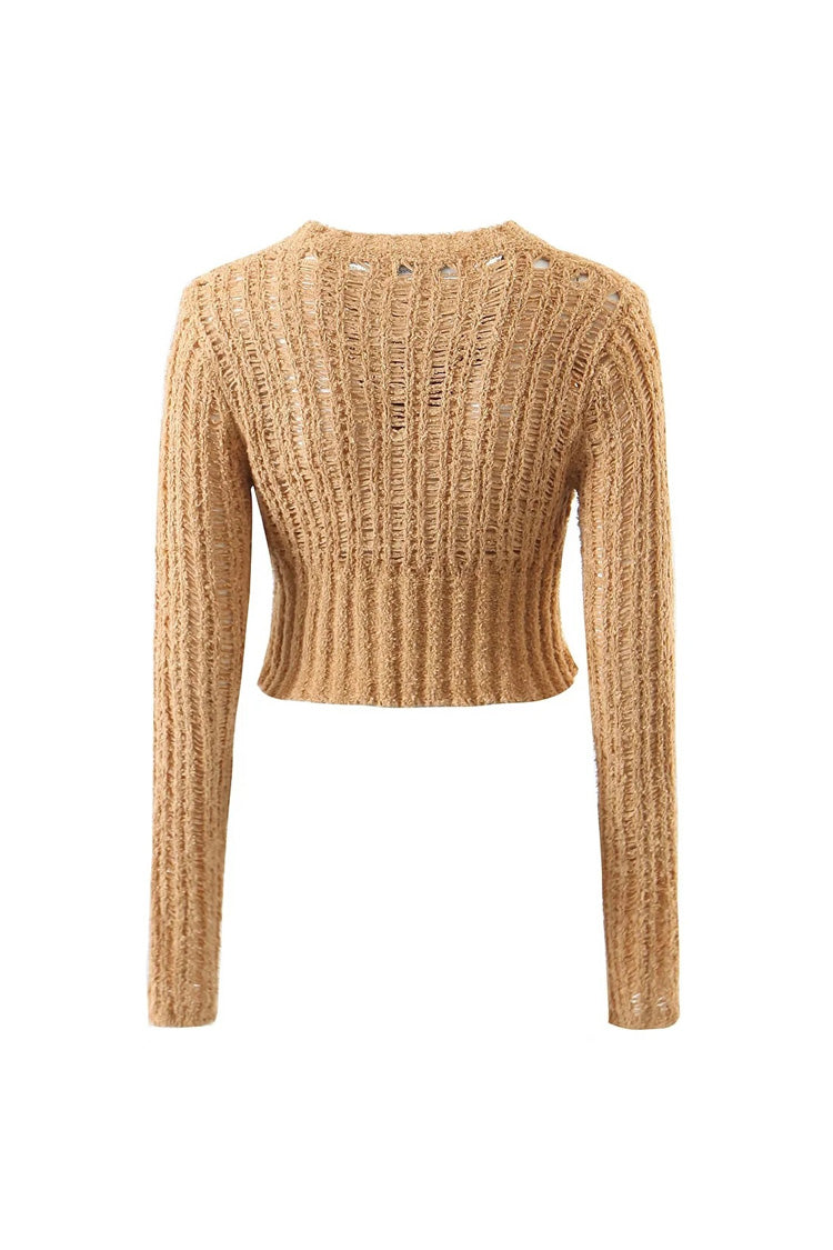Sexy Round Neck Button Up Long Sleeve Ladder Knit Ribbed Crop Cardigan - Fashionpara